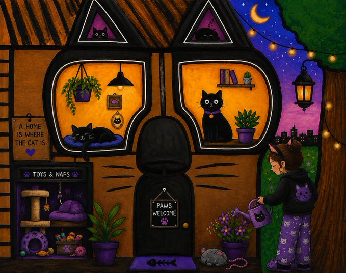 A whimsical illustration of a cat-themed house at night featuring black cats in windows, signs reading 'A HOME IS WHERE THE CAT IS.', 'TOYS & NAPS', and 'PAWS WELCOME', with a girl watering flowers.