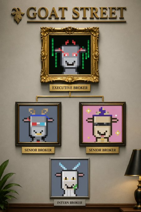 A pixel-art organizational chart titled 'GOAT STREET' displays an 'EXECUTIVE BROKER' at the top, two 'SENIOR BROKER' characters below, and an 'INTERN BROKER' character at the bottom, all depicted as animal heads.