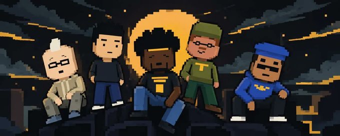 A pixel-art style illustration depicts five characters, including one in a military uniform and another in a police uniform, standing together against a dark sky with a yellow sun.