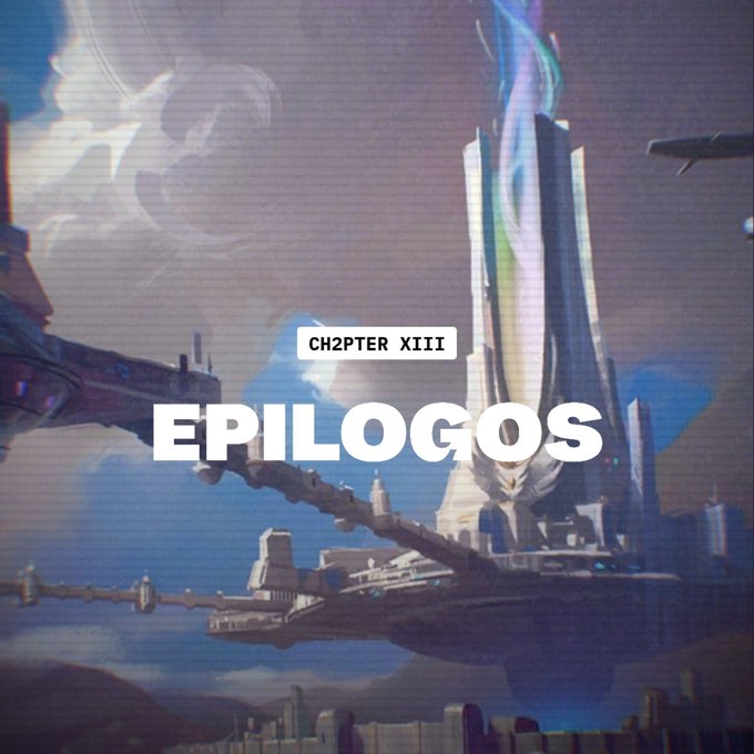 A sci-fi illustration of a futuristic floating city with tall spires and a bridge-like structure, overlaid with the text 'CH2PTER XIII' and 'EPILOGOS'.