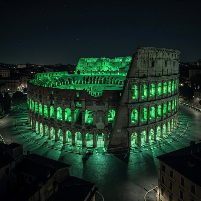 The Colosseum in Rome is illuminated in green at night, symbolizing the post's message about enduring, licensed crypto platforms. The ancient amphitheater's longevity parallels Crypto.com's emphasis on regulation and durability under the MiCA framework.