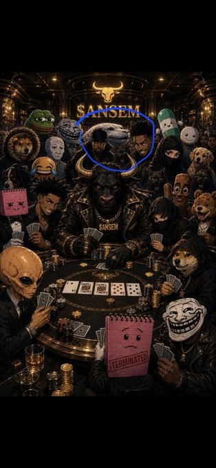 A surreal artwork depicting a poker game with various characters (including Pepe, a Shiba Inu, an alien, and a trollface) sitting around a table in a luxurious "SANSEM" setting, with a gorilla in the center.