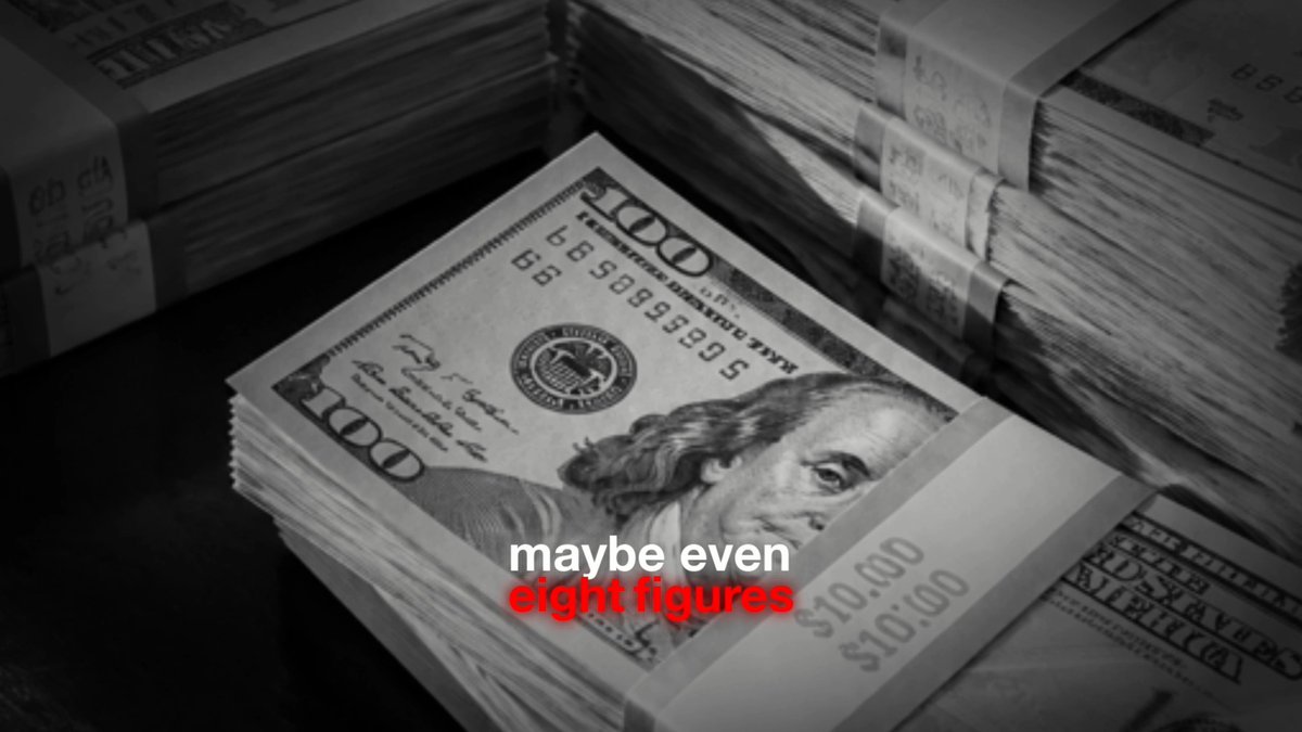 Stacks of US $100 bills arranged in a black and white photo, overlaid with the text 'maybe even eight figures' in white and red.