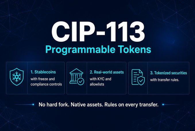 A promotional graphic for 'CIP-113 Programmable Tokens' with a dark blue background, listing three categories: '1. Stablecoins with freeze and compliance controls', '2. Real-world assets with KYC and allowlists', and '3. Tokenized securities with transfer rules'.