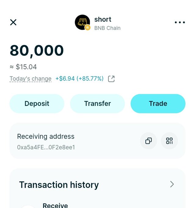 A screenshot of a crypto wallet displaying a balance of 80,000 $SHORT tokens on BNB Chain (approximately $15.04, up +85.77% today), supporting the post's claim of receiving another $15 worth of $SHORT tokens.