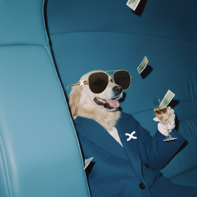 A golden retriever dressed in a sharp navy blazer and oversized aviator sunglasses lounges in a teal seat, champagne glass in paw, as cash flutters around him—living the post's "making back the L" victory moment.