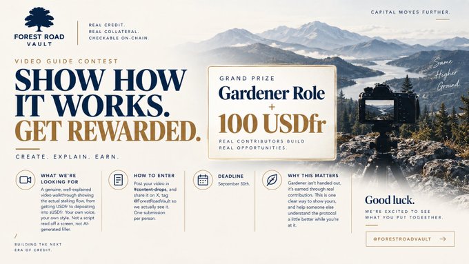 Promotional poster for 'Forest Road Vault' announcing a Video Guide Contest with a Grand Prize of 'Gardener Role + 100 USDfr', deadline September 30th, and the tagline 'Show how it works. Get rewarded.'