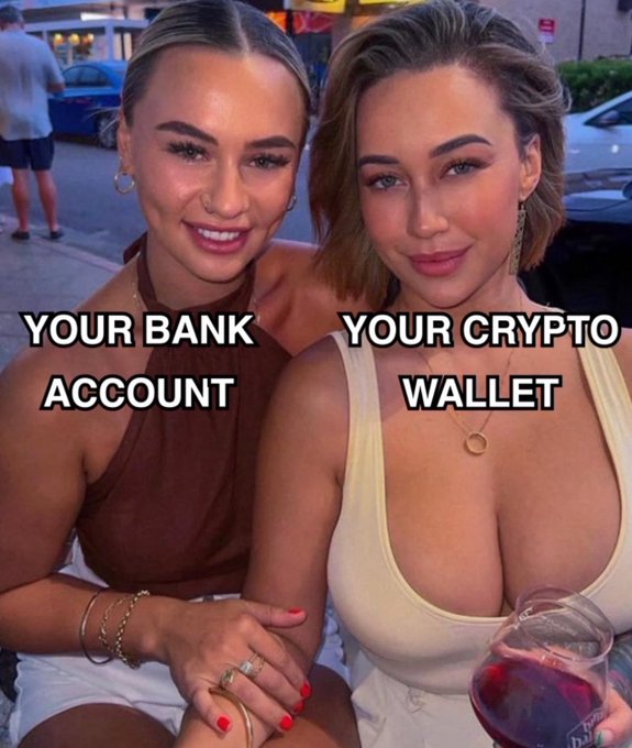 A meme comparing two similar-looking women with the labels 'YOUR BANK ACCOUNT' on the left and 'YOUR CRYPTO WALLET' on the right, implying both are empty.