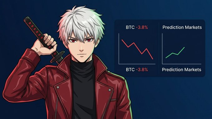 An anime-style character with white hair holds a katana next to charts showing BTC down 3.8% and rising Prediction Markets.