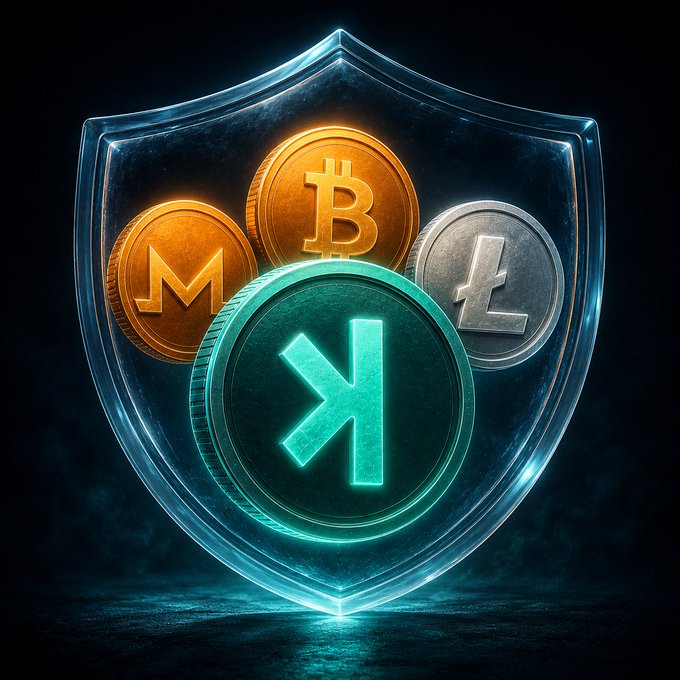 The image features four coins, each with a different color - gold, silver, green, and blue. They are arranged inside a glass shield that has a "K" symbol at its center. The coins appear to be related to cryptocurrency or blockchain technology, as they are described in terms such as Bitcoin, Monero, Litecoin, and Proof-of-stake chains. The image also includes text that reads: "There are only four coins I actually believe in: Kaspa, Bitcoin, Monero, Litecoin. All proof of work. All fair. None of them can freeze your wallet. Decentralization is who can touch your money."