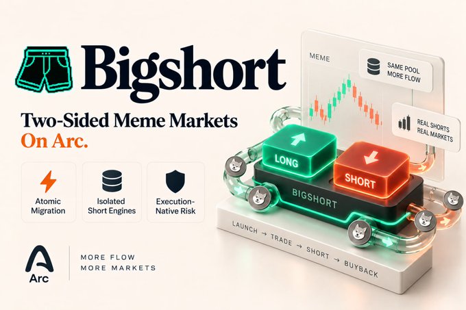 Promotional graphic for 'Bigshort' - Two-Sided Meme Markets on Arc, featuring LONG/SHORT trading mechanics with atomic migration, isolated short engines, and execution-native risk features.