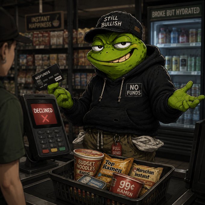 A Pepe the Frog meme character wearing a "STILL BULLISH" cap and "NO FUNDS" hoodie stands at a checkout holding a "NOFUNDS" card, with a "DECLINED" card reader and a basket of budget ramen noodles and sardines in front of him, set against a backdrop of a "BROKE BUT HYDRATED" cooler.
