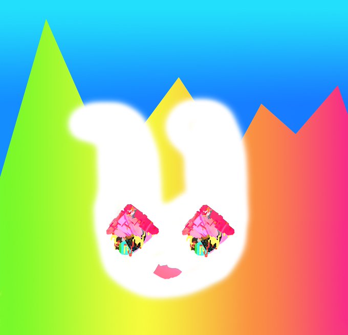 A glowing white bunny face with colorful mosaic-patterned eyes and pink lips floats against a vibrant backdrop of rainbow-colored mountain peaks and a blue sky, representing the "BONYARI BUNNY" NFT artwork being thanked for its recent collection.