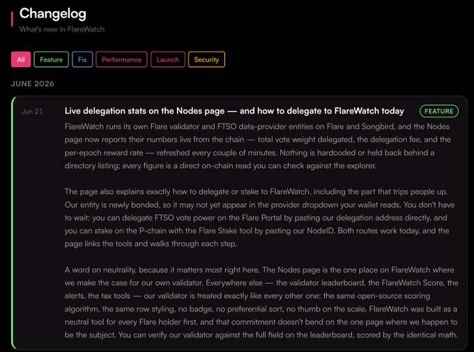 The image shows a screenshot of an online blog called "Changelog", featuring a discussion about the website "Flarewatch.io" and how users can stake/delegate their time and attention there. The main post discusses the recent changes to the site, including the addition of a new node feature that allows users to stake their time on certain nodes, thereby providing funding for them in return.
