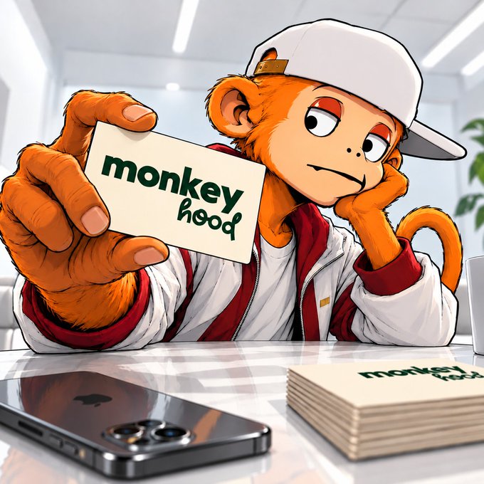 An illustrated cartoon of an orange monkey character wearing a white cap and red-and-white jacket, holding up a card that reads 'monkey hood' with matching business cards on the desk beside a smartphone.