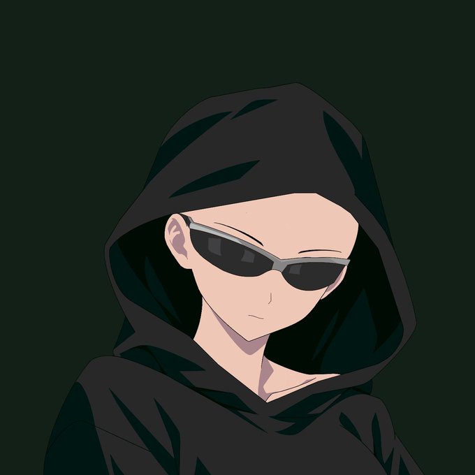 An anime-style illustration of a character wearing a black hood and dark sunglasses against a dark green background.