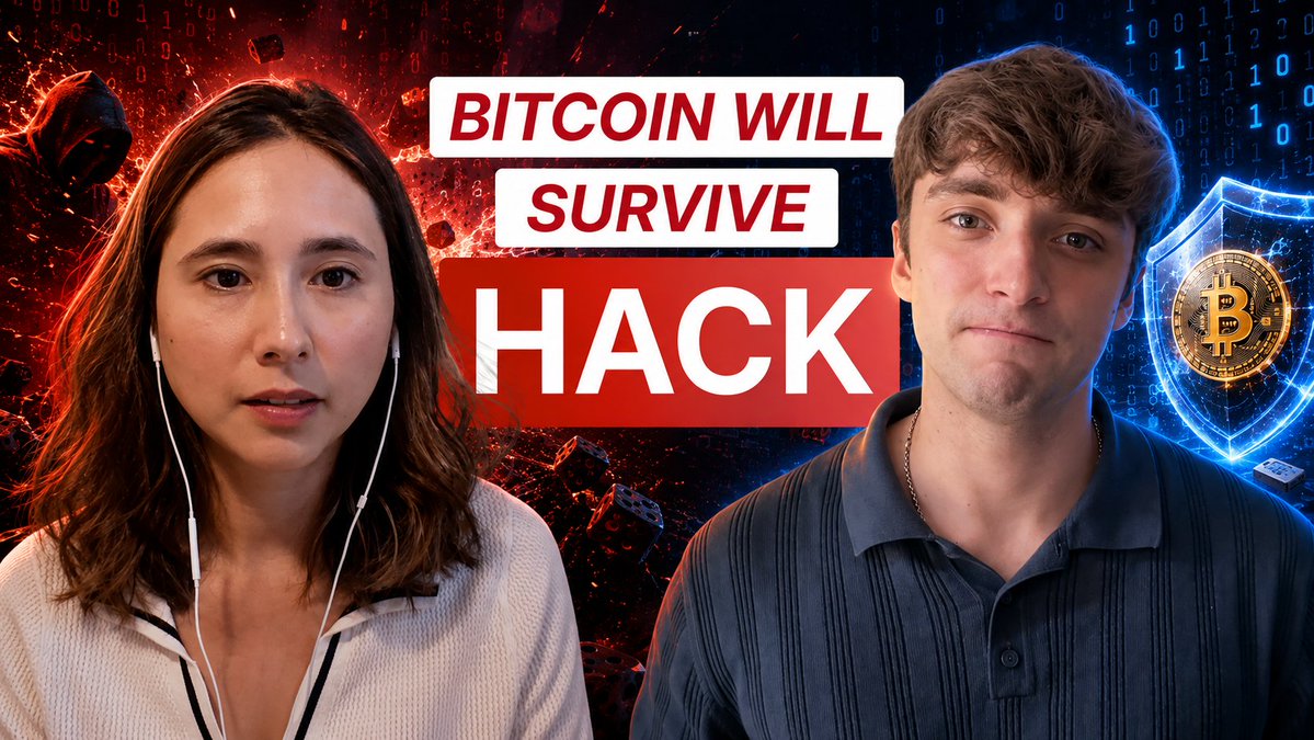 A YouTube-style thumbnail showing a woman and a man on either side of bold text reading 'BITCOIN WILL SURVIVE HACK,' set against a digital code background with a Bitcoin shield logo.