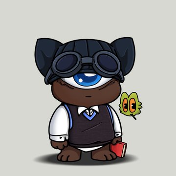 A digital illustration shows a cute brown creature with one large blue eye, wearing a pilot's helmet with goggles, a white shirt, and a vest, holding a small green leaf-like creature with eyes.