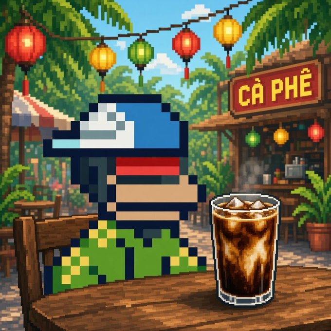 A pixel art illustration of a person wearing a green shirt and blue cap sitting at a wooden table with a glass of iced coffee, set in a tropical cafe with a 'CÀ PHÊ' sign and colorful lanterns.