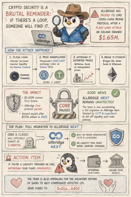 An illustrated infographic with a penguin mascot details the Allbridge cross-chain bridge exploit, showing that an attacker used a $570K flash loan from Kamino Finance to manipulate USDC/USDT rates on Solana DEX, drained $1.65M, and bridged funds to Ethereum—matching the post's warning about crypto security vulnerabilities and outlining the planned migration to Allbridge Next.