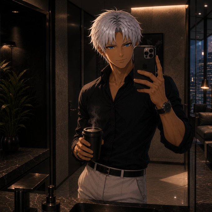 An anime-style digital illustration of a muscular man with white hair and blue eyes taking a mirror selfie with his phone while holding a steaming cup of coffee in a modern, dark-toned apartment.