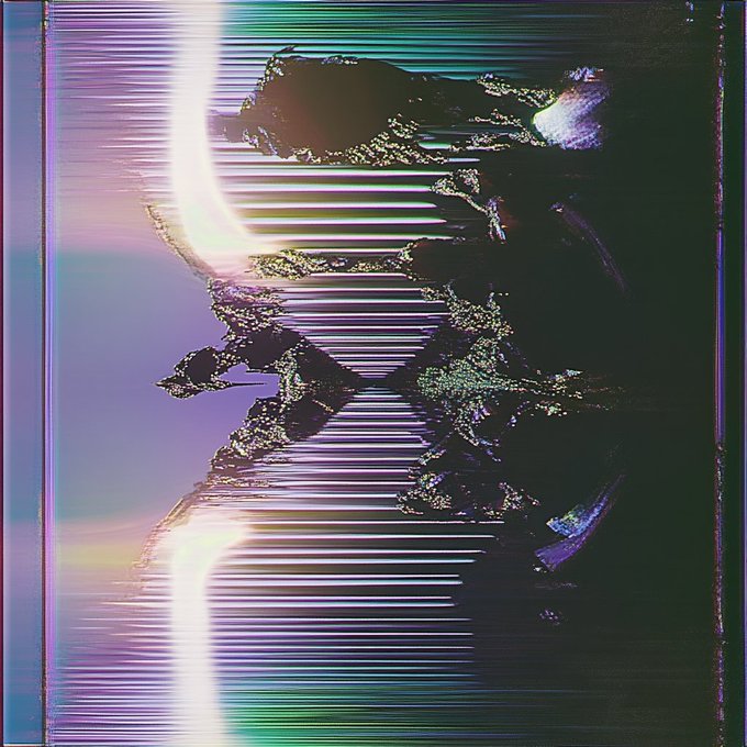 A heavily distorted, glitch-art style image shows horizontal lines and abstract shapes in vibrant purple, green, and white colors.