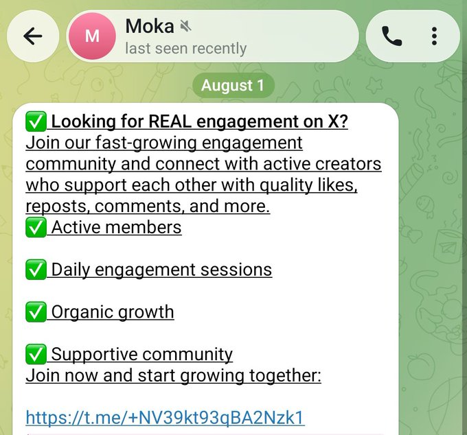A Telegram message from user 'Moka' advertising a fast-growing X (Twitter) engagement community, highlighting features like active members, daily sessions, organic growth, and including a Telegram invite link.