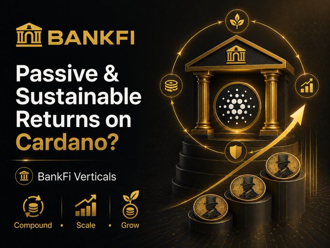 A promotional graphic for 'BANKFI' titled 'Passive & Sustainable Returns on Cardano?', featuring Cardano (ADA) branding and icons for 'Compound, Scale, Grow'.