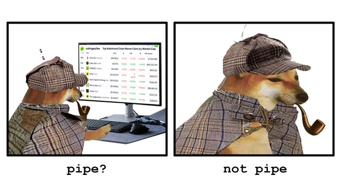 A two-panel meme parodying René Magritte's 'The Treachery of Images,' showing a detective dog looking at a monitor displaying meme coins ('pipe?') next to a dog smoking a pipe ('not pipe').