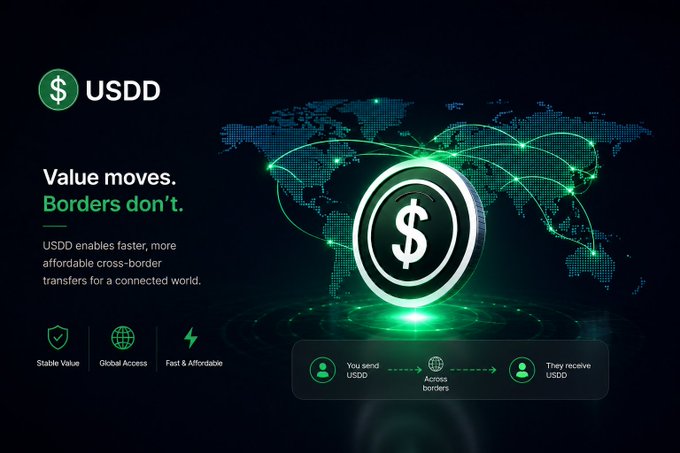 A promotional graphic for USDD cryptocurrency featuring a glowing coin, world map, and tagline 'Value moves. Borders don't.' with icons highlighting stable value, global access, and fast transfers.
