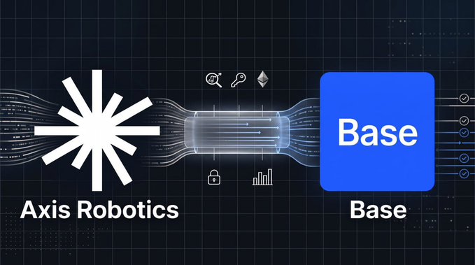 A digital graphic showing a glowing connection between the Axis Robotics logo (a white starburst) on the left and the blue Base logo on the right, with icons like a key, lock, and bar chart in between.