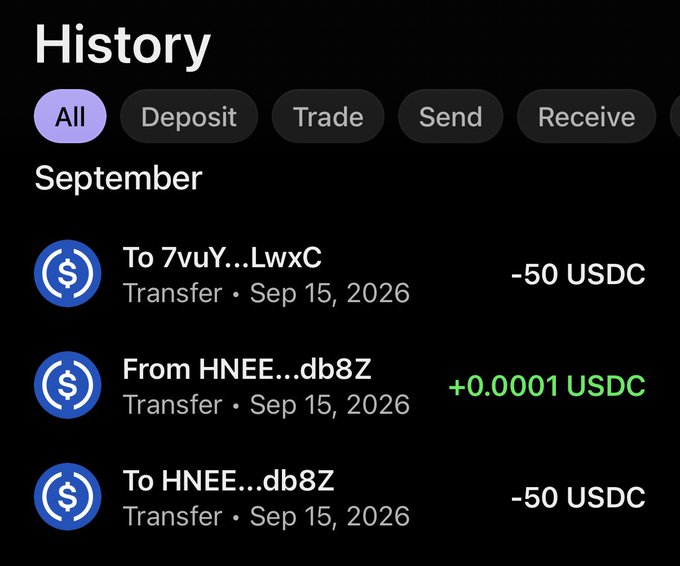 A crypto transaction history showing September activity, with three USDC transfers on Sep 15, 2026: -50 USDC sent to address "7vuY...LwxC," +0.0001 USDC received from "HNEE...db8Z," and -50 USDC sent to "HNEE...db8Z"—likely reflecting small test or prize-related transactions between the user and TMDweb3's wallet.