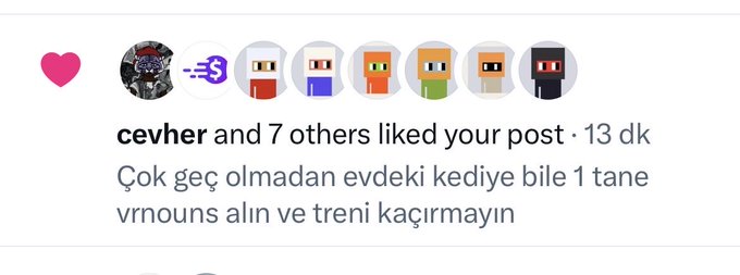 Screenshot of a social media post notification showing 'cevher and 7 others liked your post · 13 dk' with the Turkish caption 'Çok geç olmadan evdeki kediye bile 1 tane vrnouns alın ve treni kaçırmayın' alongside profile avatars including a Minecraft-like cat skin.