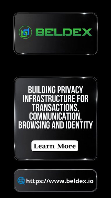 A promotional ad for Beldex displays its logo and tagline "BUILDING PRIVACY INFRASTRUCTURE FOR TRANSACTIONS, COMMUNICATION, BROWSING AND IDENTITY," with a "Learn More" button and the URL https://www.beldex.io, reinforcing the post's message about Beldex's focus on privacy, scalability, and user control.