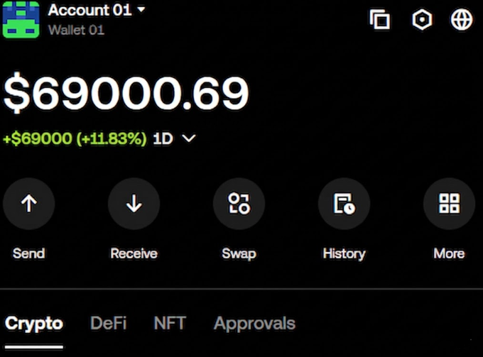 This screenshot displays an application that allows users to send money from one Bitcoin wallet to another using the "DEFi" protocol or the cryptocurrency market. There are two different options available for sending Bitcoins, with one being a one-time payment (1 MEGA) and the other being a long term investment. The screen shows a chart indicating the current value of the $MEGA option. At least three buttons can be seen on the screen: Send Button, Receive Button, and "History" button which is often used to check the history or progress of transactions in the Bitcoin network.