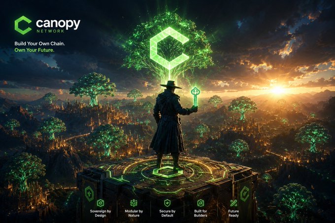 A lone figure in a wide-brimmed hat stands atop a glowing platform, holding a green crystal-tipped staff beneath a massive ethereal tree bearing the Canopy Network emblem, with the tagline "Build Your Own Chain. Own Your Future." and feature icons along the bottom highlighting "Sovereign by Design," "Modular by Nature," "Secure by Default," "Built for Builders," and "Future Ready."

The image visually reinforces the post's message by depicting a solitary "builder" claiming their own sovereign realm, holding a key-like staff beneath the Canopy sigil—symbolizing how Canopy (@CNPYNetwork) hands control back to developers so they can launch their own dedicated Layer 1 instead of relying on someone else's infrastructure.