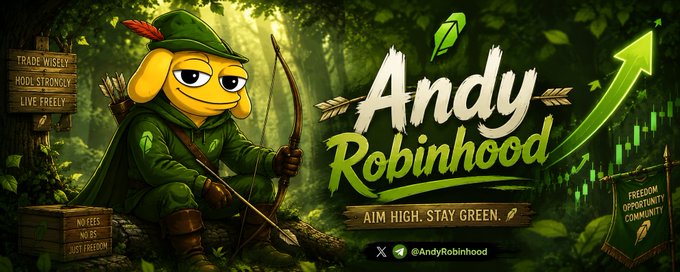A promotional graphic featuring a cartoon dog dressed as Robin Hood, with the text 'Andy Robinhood', 'AIM HIGH. STAY GREEN.', and 'TRADE WISELY HOOD STRONGLY LIVE FREELY' against a forest background with green arrows.