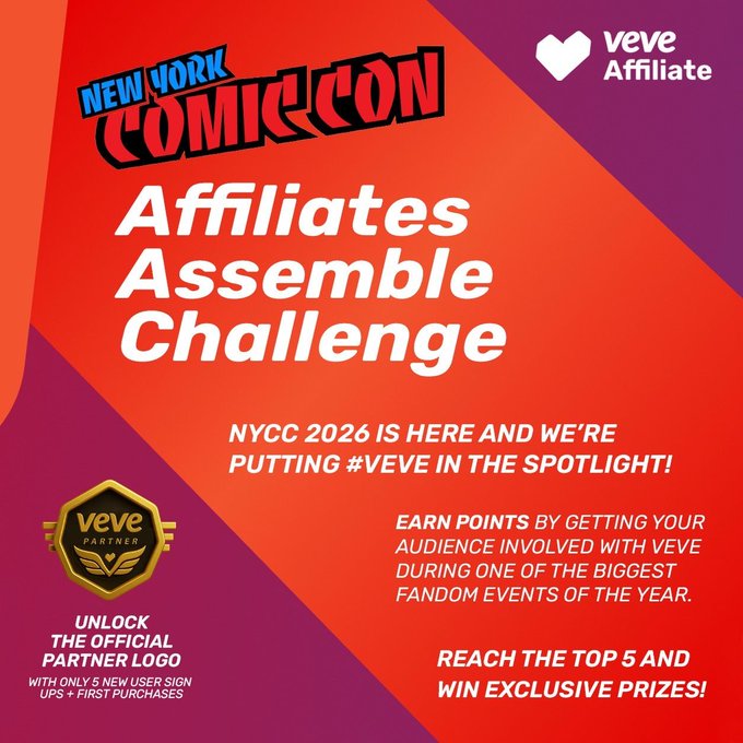 A New York Comic Con promotional graphic for the 'Affiliates Assemble Challenge' featuring VeVe Affiliate branding, with text about NYCC 2026, earning points, and unlocking the official VeVe Partner logo.