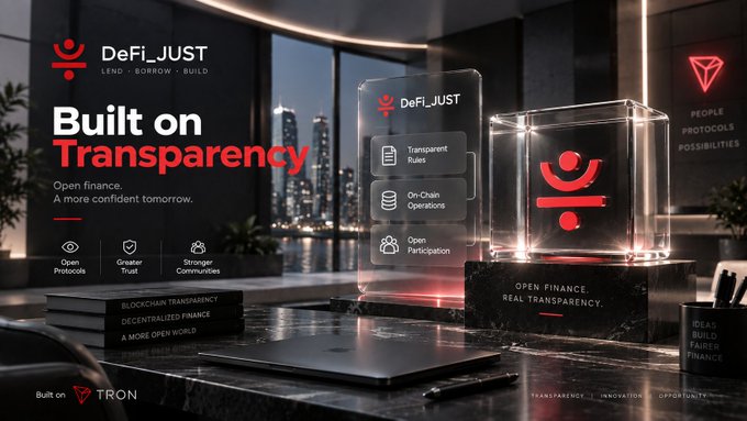 A promotional graphic for 'DeFi_JUST' titled 'Built on Transparency' highlights 'Open Protocols,' 'Greater Trust,' and 'Stronger Communities' in a modern high-rise setting with blockchain icons on display.