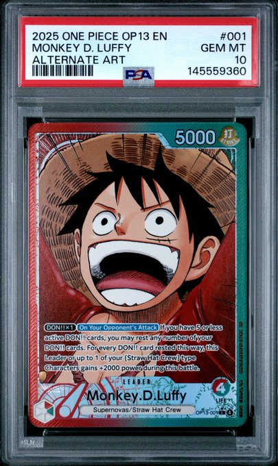 A PSA 10-graded 2025 One Piece trading card (#001) featuring Monkey D. Luffy from the OP-13 "Carrying On His Will" set is displayed in a protective slab, being given away in a Ripz social media contest.