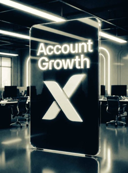 A stylized, glowing 3D rendering of a smartphone displaying 'Account Growth' and the 'X' (formerly Twitter) logo, set against a dark office background with linear lighting.
