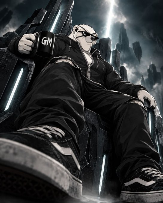 A dramatic low-angle digital illustration of a muscular man with slicked-back blonde hair and sunglasses, wearing a black coat and Vans sneakers, sitting on a throne-like structure while holding a black mug labeled 'GM' against a dark futuristic cityscape.