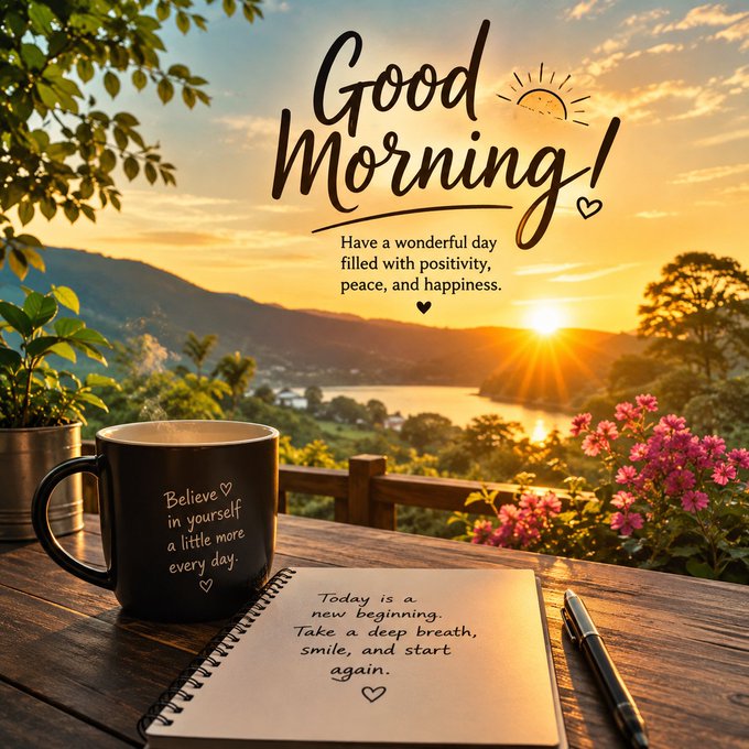 A 'Good Morning!' greeting graphic featuring a sunrise landscape with a coffee mug reading 'Believe in yourself a little more every day' and a notebook stating 'Today is a new beginning. Take a deep breath, smile, and start again.'
