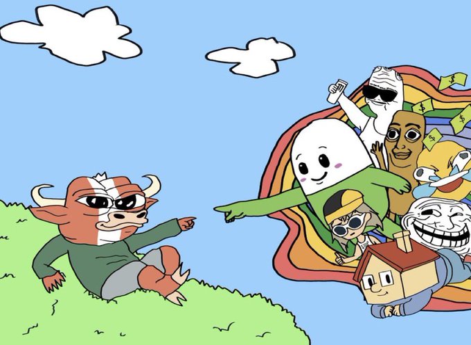 The image features a cartoon illustration of a cow with horns, surrounded by various cartoon characters such as a man wearing sunglasses, a woman holding a camera, and a man holding money. The cow appears to be migrating towards these characters, creating an interesting scene that combines elements of fantasy and reality. The post "pumpfun migration incoming" suggests that the characters might be on a journey or adventure together, possibly in search of something or someone important.