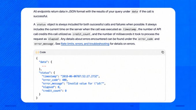A documentation page displays JSON code example showing API response format with status fields including timestamp, error_code, and error_message.