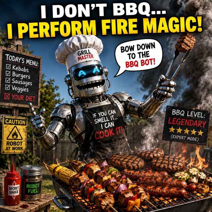A robot chef wearing a "Grill Master" hat and "If You Can Smell It... I Can Cook It!" apron barbecues an array of meats and vegetables, with text declaring "I DON'T BBQ... I PERFORM FIRE MAGIC!" and "BOW DOWN TO THE BBQ BOT!" alongside a menu (Kebabs, Burgers, Sausages, Veggies, "Your Diet") and a "BBQ LEVEL: LEGENDARY ★★★★★ (EXPERT MODE)" sign.

The image humorously represents Axis Robotics' expansion into the OpenTensor ecosystem through OpenRoboto on Bittensor Subnet 80, playfully framing advanced Physical AI capabilities as a "legendary" robotic skill set.
