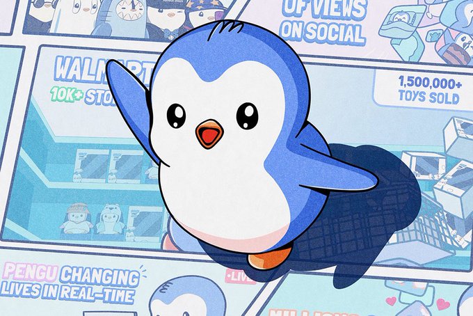 An illustrated graphic of a cartoon penguin character (Pudgy Penguins / PENGU) with text including 'OF VIEWS ON SOCIAL', '1,500,000+ TOYS SOLD', and 'PENGU CHANGING LIVES IN REAL-TIME'.