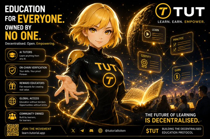 The image is a promotional graphic for the TUT token, featuring an anime-style blonde character in a black and gold "TUT" bodysuit standing before a glowing book and planet, with the tagline "EDUCATION FOR EVERYONE. OWNED BY NO ONE." and features like AI tutors, on-chain verification, and global access, alongside "$TUT - BUILDING THE DECENTRALISED EDUCATION PROTOCOL" and the website "learn.tutoria.app." It visually reinforces the post's message by depicting a decentralized learning ecosystem where AI-driven education is open, verifiable, and accessible to all.