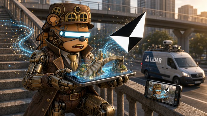 A digital artwork depicting a steampunk-style bear character in goggles and brass attire holding a tablet displaying a 3D bridge scan, with an Ethereum logo and a LiDAR van in the background.
