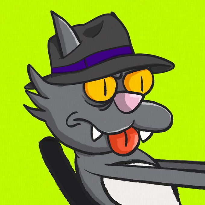 A cartoon illustration of a gray cat wearing a black fedora with a purple band and yellow sunglasses, with its tongue sticking out against a bright green background.